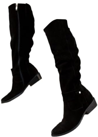 shownicer Botte Hautes Femme Daim Bottes Elegant Bout Rond Bottines Automne et Hiver Talon Bas Boots Confortable Chaussures A Noir 37