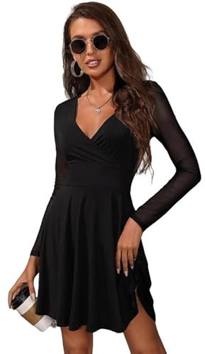 Haibang Women's Deep V Neck Sheer A Line Long Sleeve Mini Dress Flare Hem Party Dress Casual Swing Dresses Black
