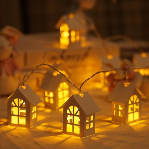 Skeadex Weihnachtsbeleuchtung Außen,2M 10 LED Holzhaus Form Lichterkette Weihnachten,Wasserdicht Christmas Lights Outdoor Batteriebetriebene,Holzhäuser Deko Weihnachtslichter für Innen Aussen (C)