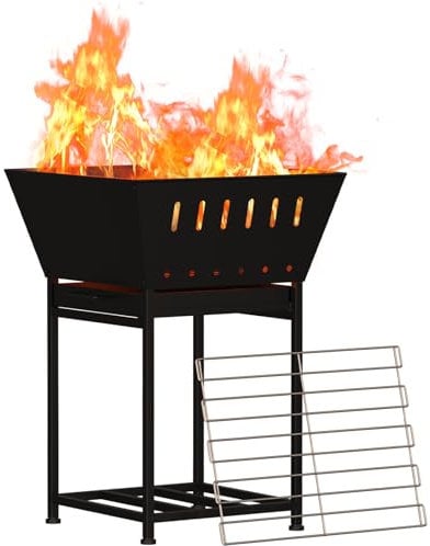 YBING Holzfeuerstelle mit Grill, 2 in 1, quadratisch, Schwarz, Metall, Holzkompatibel, für Garten