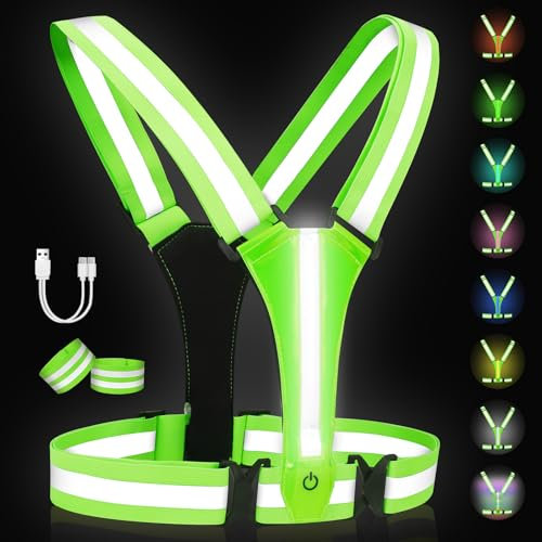 Adiwo LED Warnweste, Reflektierende Sicherheitsweste Set, LEDs Tag und Nacht Motorrad Radfahren,f ür Fahrrad Auto Laufweste Joggen, High-Vis reflektierende Damen Herren Kinder warnwesten, Grün