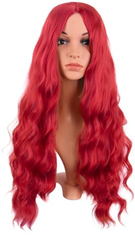 MapofBeauty 28 Zoll/70 cm Länge Wavy Synthetische Faser Lockige Haarfasern Ersatz Perücke für Partys Cosplay Täglich Perücke (Hell Rot)