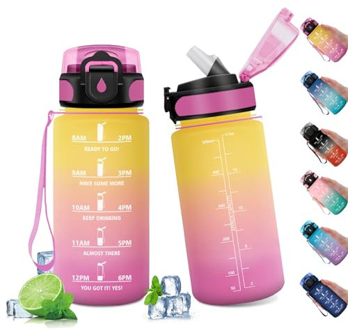 Sport Trinkflasche 500ml, Auslaufsichere Wasserflasche mit Strohhalm, Motivierende Trinkflasche mit Zeitmarkierung, Kohlensäure Geeignet, Ideale Sportflasche für Gym, Camping, Fahhrad, Erwachsener