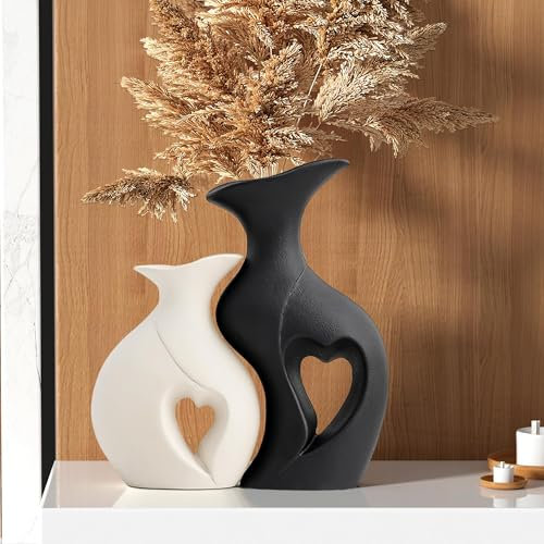 2er Set Schwarze Keramikvasen | Herzförmige Matt Vasen | Boho Home Deko für Esstisch, Bücherregal, Wohnzimmer, Schlafzimmer & Büro | Tischdekoration