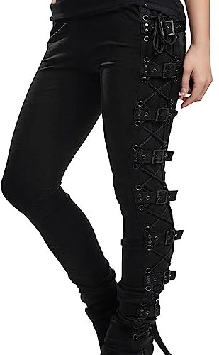 Pantalon Gothique Skinny pour Femme - Grande Taille - Croisé sur Le côté avec Boucle en métal - Pantalon Noir à Lacets - Tendance Y2k - Style Hip-hop Punk Rocker, Streetwear, Halloween