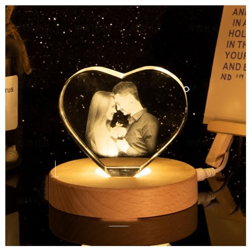 BF-KitchRelic Crystal Photo Personalized, Customized Pictures Etched Engraved in Glass Heart Shape with LED Light Wood Base, Family Crystal Unique Memorial Gift (heart-shaped)