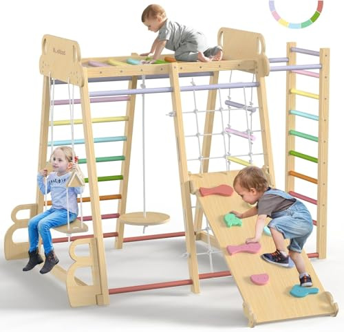 BlueWood Upgraded Indoor Jungle Gym 9-in-1 Playground Kids Climbing Toys, Waldorf Style Wooden Climber Playset with Slide, Swing, Monkey Bars, Upright/Rope Ladder, Climb Net, Colorful