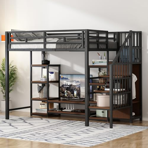 ZIDEY Hochbett as Metall 90x200 mit Stauraum Treppe, TV-Ständer, Steckdose und Regal, Metallbett Kinderbett mit Sicherheitsleiter, Funktionsbett Stockbett,schwarz, ohne Matratze