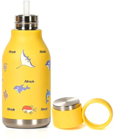 pluseight Kids Insulated Water Bottle with Straw, 450ml/15oz BPA-Free Double Wall Vacuum Tumbler 18/8 Stainless Steel Leak Proof Kids Cups for School Travel Boys Girls (Yellow Ocean)
