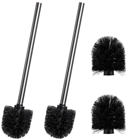 SIXHAOBU Toilettenbürste Set - 4 Ersatzbürstenköpfe & 2 Edelstahlgriffe, Toilettenbürste Klobürsten Ersatz, Toilettenbürste Ohne Spritzen, Für Bad & Gäste-WC, schwarz