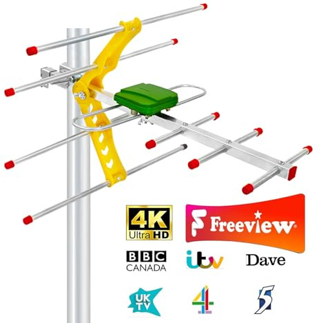 Outdoor TV Aerial for Freeview HD, High Gain Digital Aerial with UHF/VHF Reception, Weatherproof Roof & Loft Antenna, 4K/1080P Ready, DVB-T/T2 Compatible, 10M Coaxial Cable (Pole Not Included)