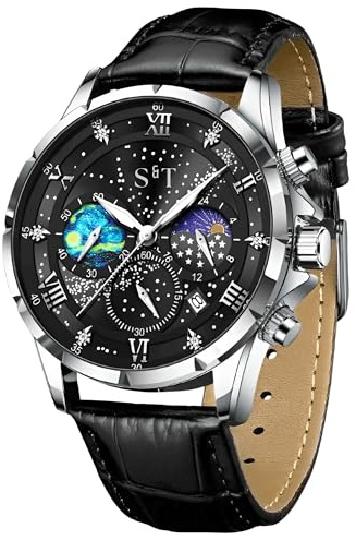 S&T Design Quarzuhr Herrenuhr Leder Braun Chronograph Armbanduhr Lederarmband Mansa Lux Anzug Hochzeit Büro mit Uhrenbox Herren Uhr Datum Wasserdicht