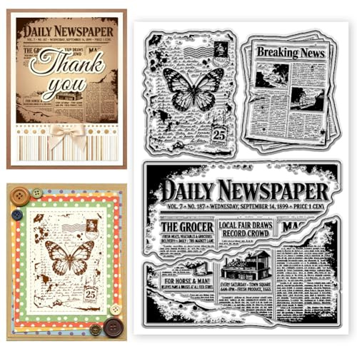 CONCHLERY Vintage Zeitungen Muster Clear Stamps, Schmetterlinge Silikon Stempel, Transparent, 16x11 cm, für DIY Scrapbooking und Kartenbasteln