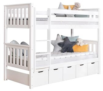 TiCAA Etagenbett, Kinderbett, Stockbett Funktionsbett für Kinder mit Treppe & Zwei Liegeflächen teilbar aus Kiefer Massivholz Weiß Bettgestell 90 x 200