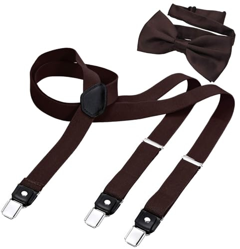 DonDon Hosenträger und Fliege Set für Damen und Herren, Y-Form, 2,5 cm breit, handgefertigt - Elegantes Accessoire für Hochzeit, Party, Smoking, Braun