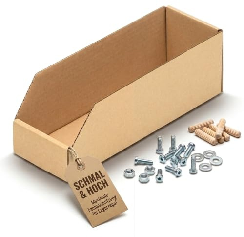 KK Verpackungen Regalkartons Lagerboxen | 25 Stück, 300 x 100 x 100 mm | Sichtboxen aus Wellpappe für Kleinteile | Aufbewahrungsbox mit Stecksystem ohne Klebeband | Werkstatt, Lager, Regal