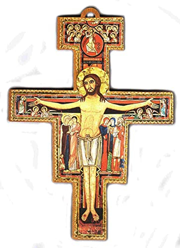 Kustom Art Kruzifix San Damiano auf mehrschichtigem Holz, lackierter Laserdruck, antikes Walnuss-Finish, italienisches Handwerk, Wandbild (17 x 12,5 x 1)