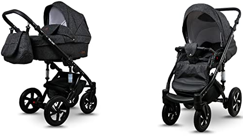 BabyLux® Sky Lark 2-in-1 Baby Kinderwagen Tief und Kinderwagen mit Zubehör Verstellbar und faltbar Aluminiumkonstruktion Wasserdicht Nicht abnehmbare Räder Black Flex Black Frame