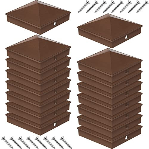 Therwen 16 Pcs (Brown,for 4'' x 4'' Nominal,Actual 3.5'' x 3.5'') Fence Post Caps Aluminum Metal Pyramid Deck Post Top Cover for Wood Fence Deck Mailbox Patio Lamp Dock