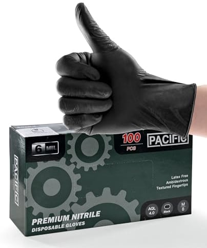 PACIFIC 6-mil Black Disposable Nitrile Gloves - Powder Free & Latex Free Gloves for Chemical, Food, Medical & Industrial Use - Pack of 100, EN374, M