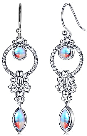 KRFY Ohrringe Silber 925 Hängend für Damen Baumelnder Mondstein Cubic Zirkonia Creolen Baumelnde Ohrringe 925 Silber Pfosten Türkis Mondstein CZ Tropfen Hängende Ohrringe Schmuck für Damen Mädchen