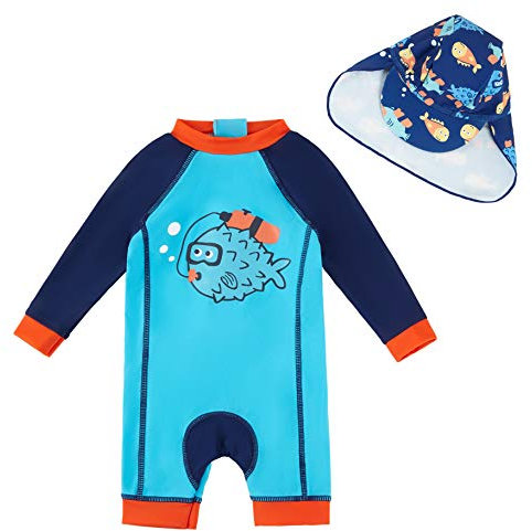 upandfast Adorabile Costume da Bagno Intero per Neonati Monopezzo con Cappello da Sole(Pesce Blu,3-6 Mesi)