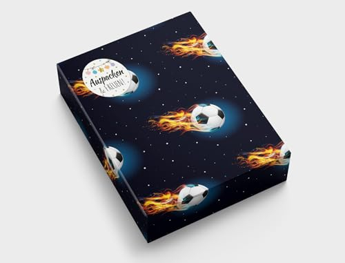 Geschenkpapier für Jungen Fussball Geschenkverpackung für kleine Geschenke Kindergeburtstag Mitgebsel Kindermotiv Gastgeschenke verpacken (6 Bögen in DIN A3 + 6 Aufkleber + 25 Verschlusspunkte)