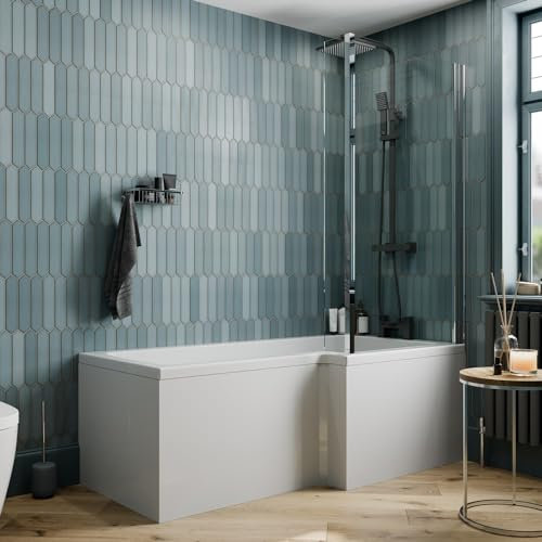 BAYSTONE 1500 x 855mm Right Hand L Shaped Shower Bath Bathtub with Front Panel + Chrome Bath Screen