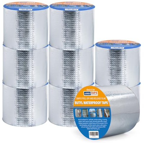 ADHES Butylband Dichtungsbänder, 10cm x 5m x 9 Rollen, 47 mil Dick Silber Aluminiumfolie Tape Wasserdichtes Klebeband für Teichbau, Bauwerke, Fassaden, Dach, Wohnwagen, Fenster, Container, Flachdach