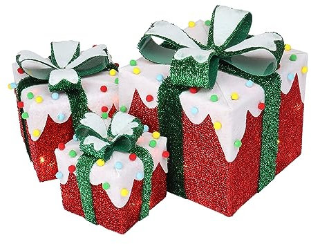 LEADZM Weihnachtsdeko Geschenke - 3er Set - LED geschenkbox Weihnachten-warm weiß beleuchtet - Batterie betrieben - für Christbaumschmuck (Rot)