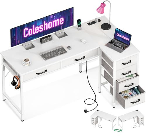 Coleshome Corner Desk with Drawers, 126×80 cm L Shaped Computer Desk with Power Outlet, Reversible Study Office Table with Storage for Home Office and Bedroom, White