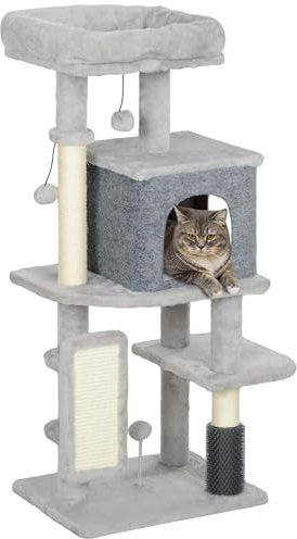 PawHut Árbol Rascador para Gatos Altura 104 cm Árbol para Gatos Torre para Gatos con Plataformas Poste con Cepillo Bolas Colgantes y Almohadilla para Rascar Gris Claro