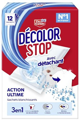 Decolor Stop - 3 en 1 - Avec Detachant - Action Ultime - Sachets Blanchissants - Evite les Accidents de Decoloration - Ravive le Blanc - Elimine les Taches Tenaces - x12 Sachets