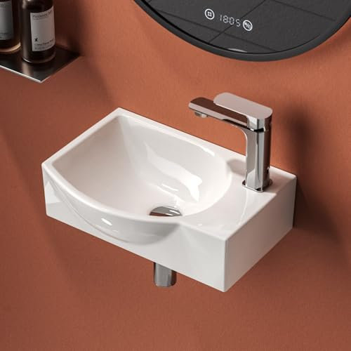 EMKE Lavabo 405 x 280 x 140 mm, lavabo pequeño, lavabo para montar, grifo a la derecha, lavabo suspendido para fijar en la pared para WC de invitados y baño, blanco brillante