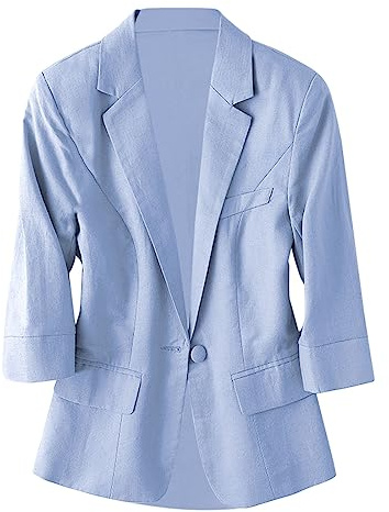 Blazer, giacca corta da donna, in lino, con maniche a 3/4, leggera, estiva, da lavoro, elegante primavera, per le mezze stagioni, blazer open front, blazer