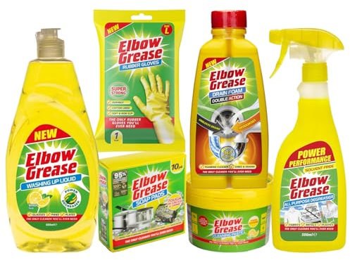 Elbow Grease 6-Piece Yellow Cleaning Bundle Giftset, All-Purpose Degreaser 500ml, Soap Pads 10 Pack, Cleaning Paste 350g, Washing Up Liquid 600ml, Drain Foamer 500ml, Super Strong Gloves Large