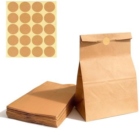 Leucasa 50 Piezas Bolsa Papel Kraft 27X15X9cm Bolsas Kraft y 50 Pegatinas Autónomo Bolsas Papel Pequeñas Reutilizable para Alimentos, Panes, Aperitivos, Pequeñas Empresas