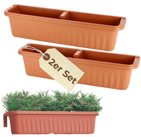 GarPet 2er Set Blumenkasten Balkon Terracotta 80 cm Balkonkasten mit Halterung Pflanzkasten mit Wasserspeicher Blumenkasten Balkongeländer Geländerkasten ohne Bohren
