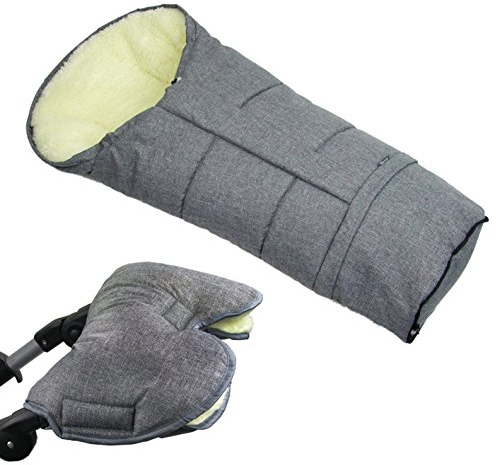 BAMBINIWELT KOMBI-ANGEBOT MUFF + Winterfußsack/MUMIE- aus Lammwolle für Kinderwagen, Buggy, Schlitten MELIERT (dunkelgrau)