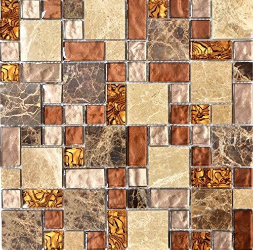 Mosaik Fliese Transluzent beige braun Kombination Glasmosaik Crystal Stein beige braun für BODEN WAND BAD WC DUSCHE KÜCHE FLIESENSPIEGEL THEKENVERKLEIDUNG Mosaikmatte Mosaikplatte