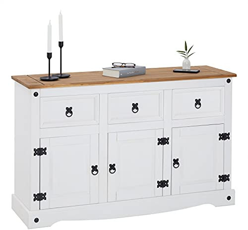 IDIMEX Buffet Salle à Manger Campo en Bois Massif L 125 cm avec 3 Portes battantes et 3 tiroirs spacieux, Style Mexicain, Meuble de Rangement, Structure Robuste et Finition élégante, Blanc et Brun