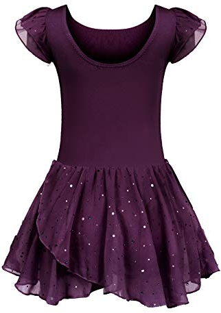 trudge Kinder Ballettkleidung Ballettkleid Mädchen Kurzarm Baumwolle Balletttrikot Ballettanzug Tanzkleid Tanzbody mit Rock Tütü Lila B 140