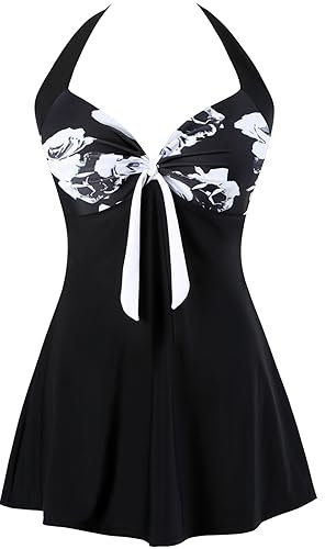 Sixyotie Femme Maillot de Bain Une Pièce Taille Haute Rétro Monokini à avec Jupette Fleur Amincissant (Black Flower,2XL)