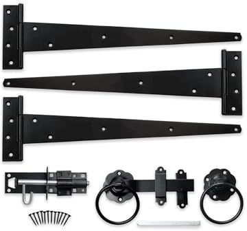 Infinity Decor Epoxy Black 18 Tee Hinges (3) with Plain Ring Gate Latch and Brenton Bolt Pack – Wooden Garden Gate Fitting Kit for Outdoor Barn, Shed Doors