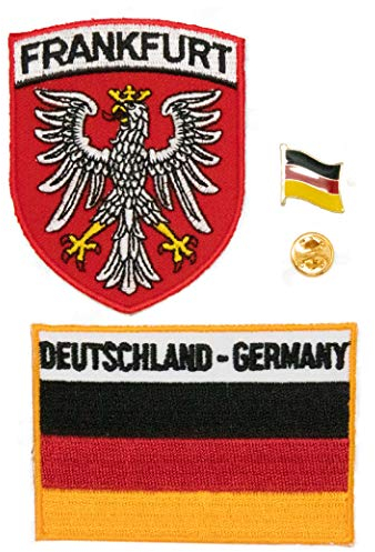 A-ONE 3 Stück – Deutschland Frankfurt mit weißem Storchschild + Deutschland-Flaggenaufnäher + Deutschland-Flagge Anstecknadel, Aufnäher, Emaille-Abzeichen