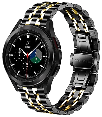 DEALELE Correa Compatible con Samsung Gear Sport/Galaxy Watch 42mm / Active/Active 2 / Huawei GT2 42mm, Pulsera de Repuesto de Metal Acero Inoxidable 20mm, Negro/Oro