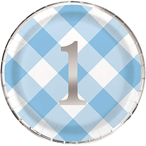 Blue Gingham 1st Birthday Round Dinner Plates (22cm) - Foil Boardorable Blue Design for Baby's First Celebration - 8ct, 9 inch