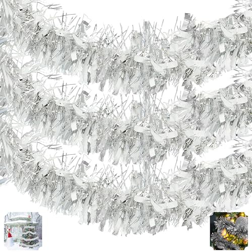 HOVUK® Lametta-Girlande, Weihnachtsdekoration, Weihnachtsbaum-Dekoration (2 m je weiß-silberfarbene Lametta), insgesamt 6 m, Weiß/Silber, 3 Stück
