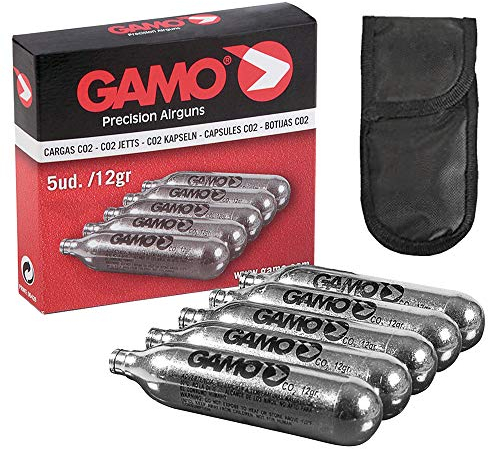 Tiendas LGP – Gamo, 5 bombonas CO2 12 gr. Gamo para Pistolas y carabinas + Funda portabombonas
