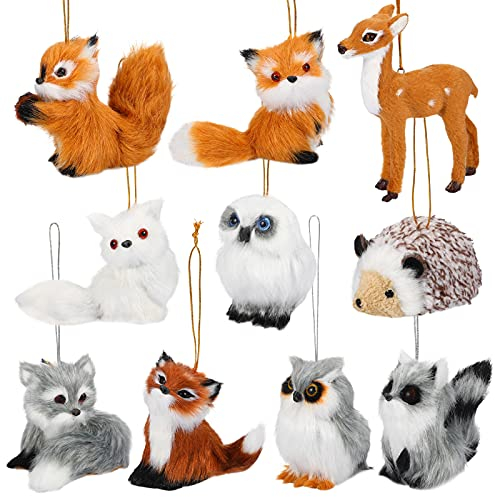 Skylety 10 Pieces Forest Animals Ornaments Woodland Animal Faux Fur Plush Hanging Ornaments Family Educational Playset for Gift Birthday Party Supplies(Animals)
